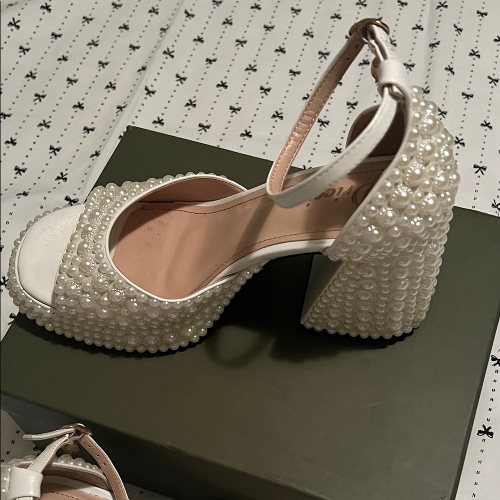 Pearl Embellished White Platform Sandals with Ankle Strap - Picture 7 of 8